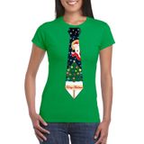 Bellatio Decorations Fout kersttrui t-shirt - groen - met kerstboom stropdas print - voor dames XL