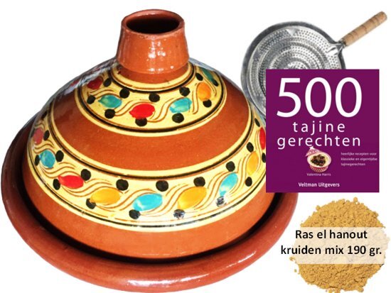 marocstore.nl 6 Pers. TAJINE VOORDEELPAKKET, 190 gr kruiden, kookboek, vlammenverdeler