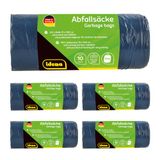 Idena 50056-5 - Afvalzakken set, 5 rollen met elk 10 stuks, blauw, 120 liter, 40µ extra sterk en scheurvast, met praktisch trekkoord, trekkoordzakken