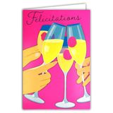 69-8142 FLUO Kaart Gefeliciteerd Champagne Flutes van Geluk Liefde Vriendschap Beste wensen Drinken Gezondheid Frambozen Rozen - Met Enveloppe 12 x 17,5 cm - Fluo-inkt - Gemaakt en geproduceerd in