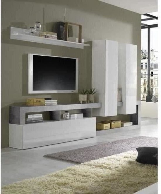Maestro TV wandmodel in hedendaagse stijl - Wit gelakt en Betondecor - B277 x H173 x D75 cm