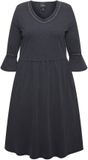 Ulla Popken Dames Jersey jurk rolranden A-lijn V-hals 3/4-mouwen Zwart Maat 50+