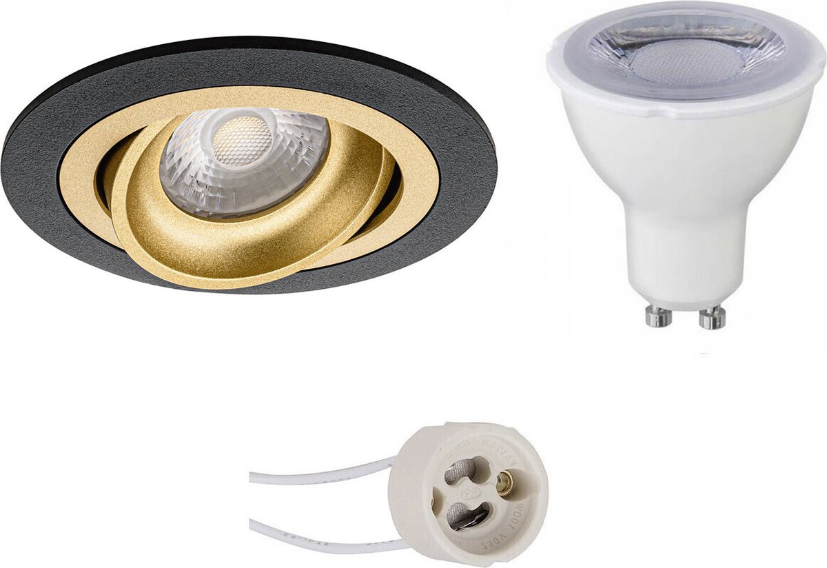 Qualu LED Spot Set - Proma Alpin Pro - GU10 Fitting - Dimbaar - Inbouw Rond - Mat Zwart/Goud - 6W - Helder/Koud Wit 6400K - Kantelbaar Ø92mm