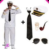 PartyXclusive Kapitein Kostuum Heren met Accessoires 7-Delig Shirt, Broek, Pet, Bril, Stropdas, Pijp & Horlogeketting Kapitein Jas Mannen Matroos Uniform Carnavalskleding - Maat M t/m