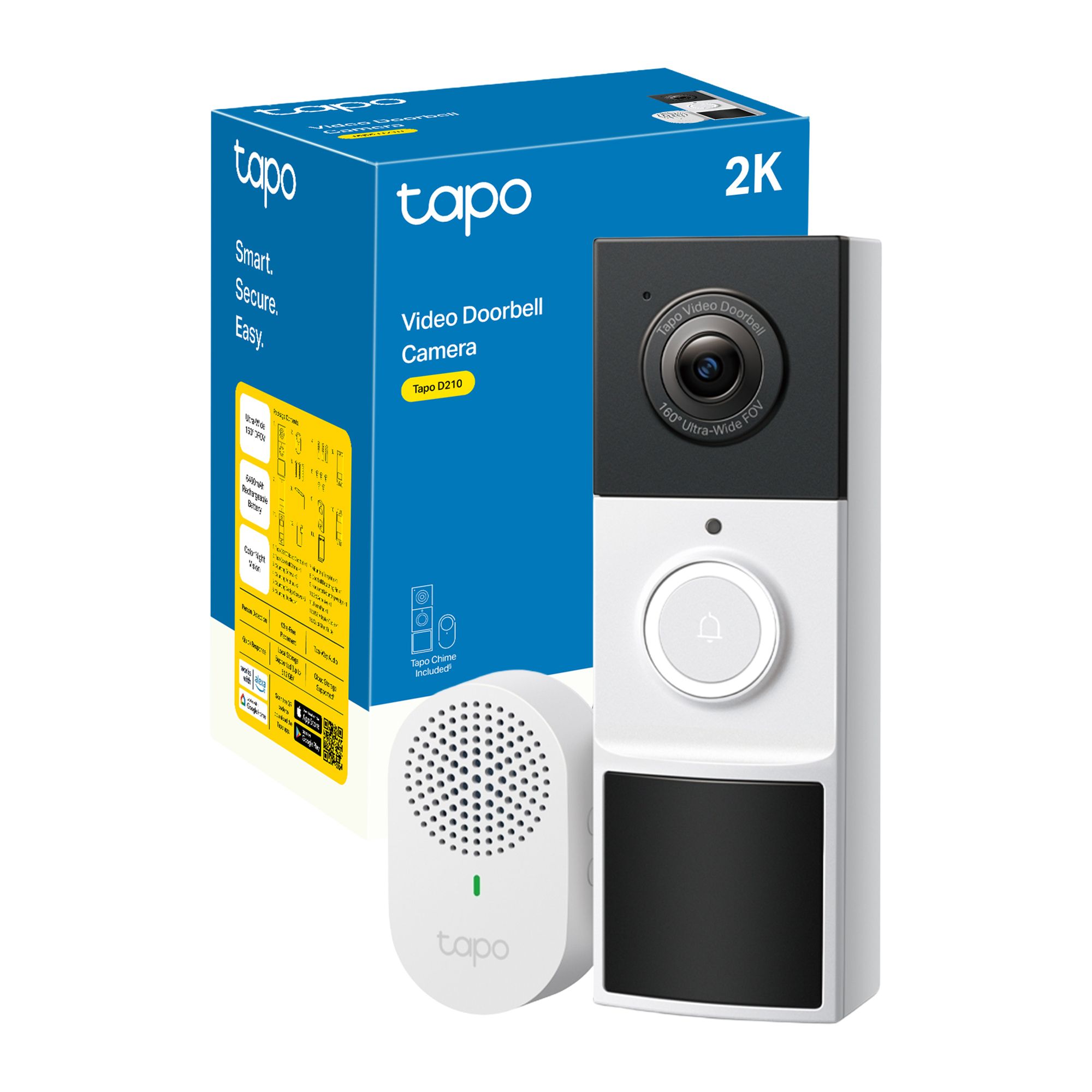 TP-Link Tapo D210 - Slimme 2K Video deurbel op Batterij - inclusief chime/gong - Zonder Abonnement - Nachtzicht in kleur - IP65 - Slimme deurbel