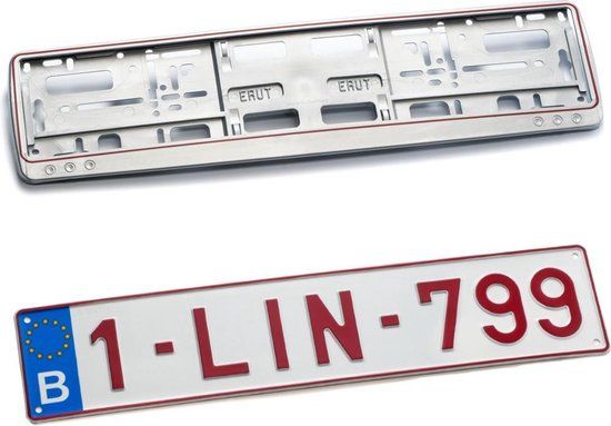 Nummerplaathouder GRIJS RODE RAND PP voor nummerplaat 520x110mm BELGIË‎‎