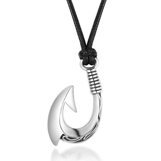 Mendes Jewelry Zwarte Touwketting Heren met Zilverkleurige Vishaak Kettinghanger