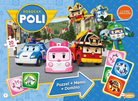 Just Games Robocar Poli - 3 in 1 box - memo, domino, puzzel - blauw