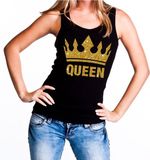 Bellatio Decorations Shoppartners Bv Zwart Koningsdag Queen tanktop shirt/ singlet met gouden glitters dames - Zwart Koningsdag kleding XL