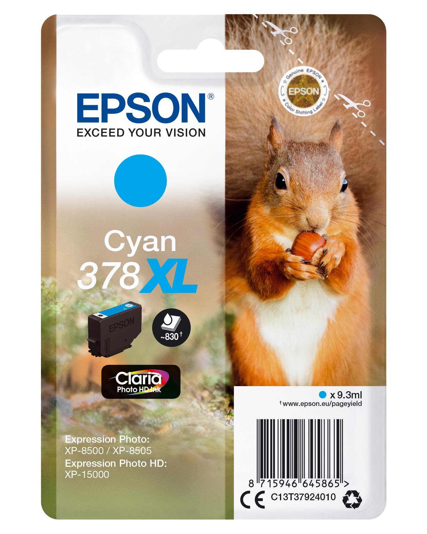 Epson Squirrel  Singlepack Cyan 378XL Claria Photo HD Ink