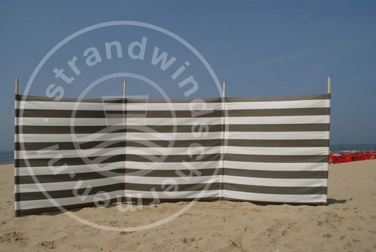 strandwindschermen.nl Strand Windscherm 4 meter dralon taupe/wit met houten stokken