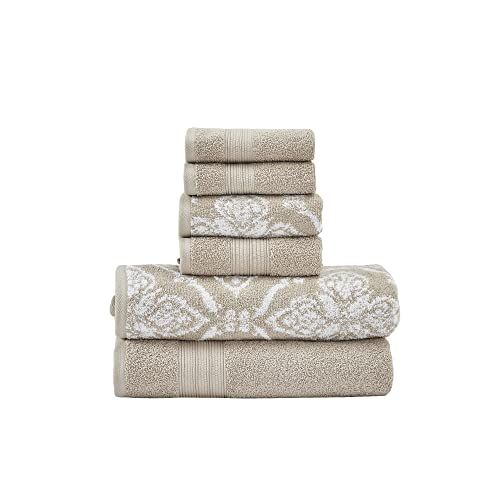 Modern Threads Amaris 6-delige omkeerbare garengeverfde jacquard handdoekenset - badhanddoeken, handdoeken en washandjes - super absorberend en sneldrogend - 100% gekamd katoen, kaki