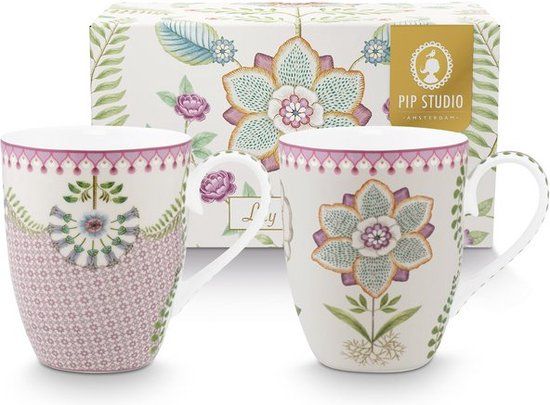 Pip Studio Lily & Lotus mok set/2 - 350ml - set van 2 Large bekers Lily & Lotus - Lila - porselein - Vaatwasserbestendig