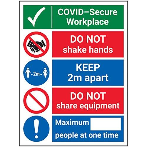 V Safety V Safety CV141AN-R Vsafety COVID-Secure Workplace - Do Not Shake/2m Apart 150 mm x 200 mm - 1 mm vaste kunststof, 150 mm x 200 mm