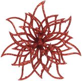 Decoris Kaemingk B.V. Kerstboom decoratie bloemen - kerstster - rood glitters - op clip - 14 cm