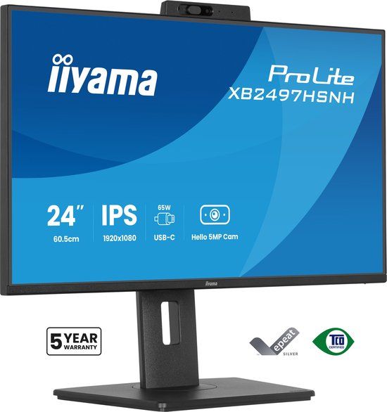 iiyama ProLite XB2497HSNH-B1 - 24 inch - Full HD - IPS - 100Hz - Verstelbaar - USB-C Dock - Windows Hello Cam