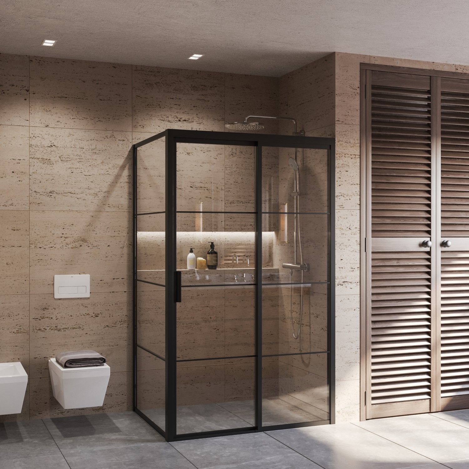 Boss & Wessing Douchecabine frame met schuifdeur en vaste wand rechts helder glas 100x200 cm mat zwart