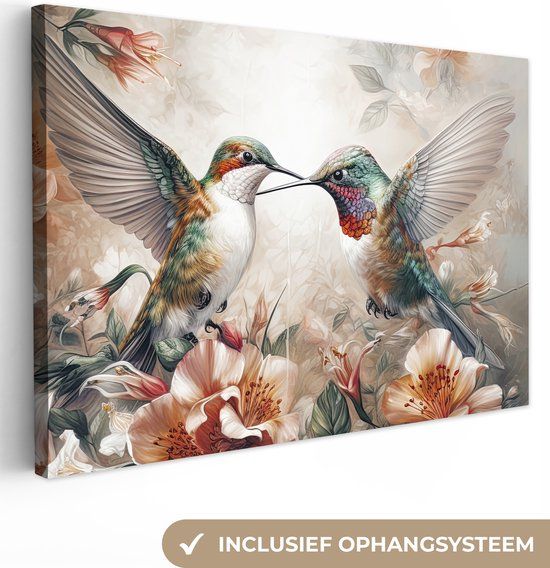 OneMillionCanvasses Canvas schilderij 150x100 cm - Kolibrie - Vogels - Bloemen - Natuur - Wanddecoratie