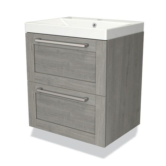 Maxaro Badkamermeubel 60cm Modulo Grijs Eiken 2 Lades Kader Wastafel Keramiek