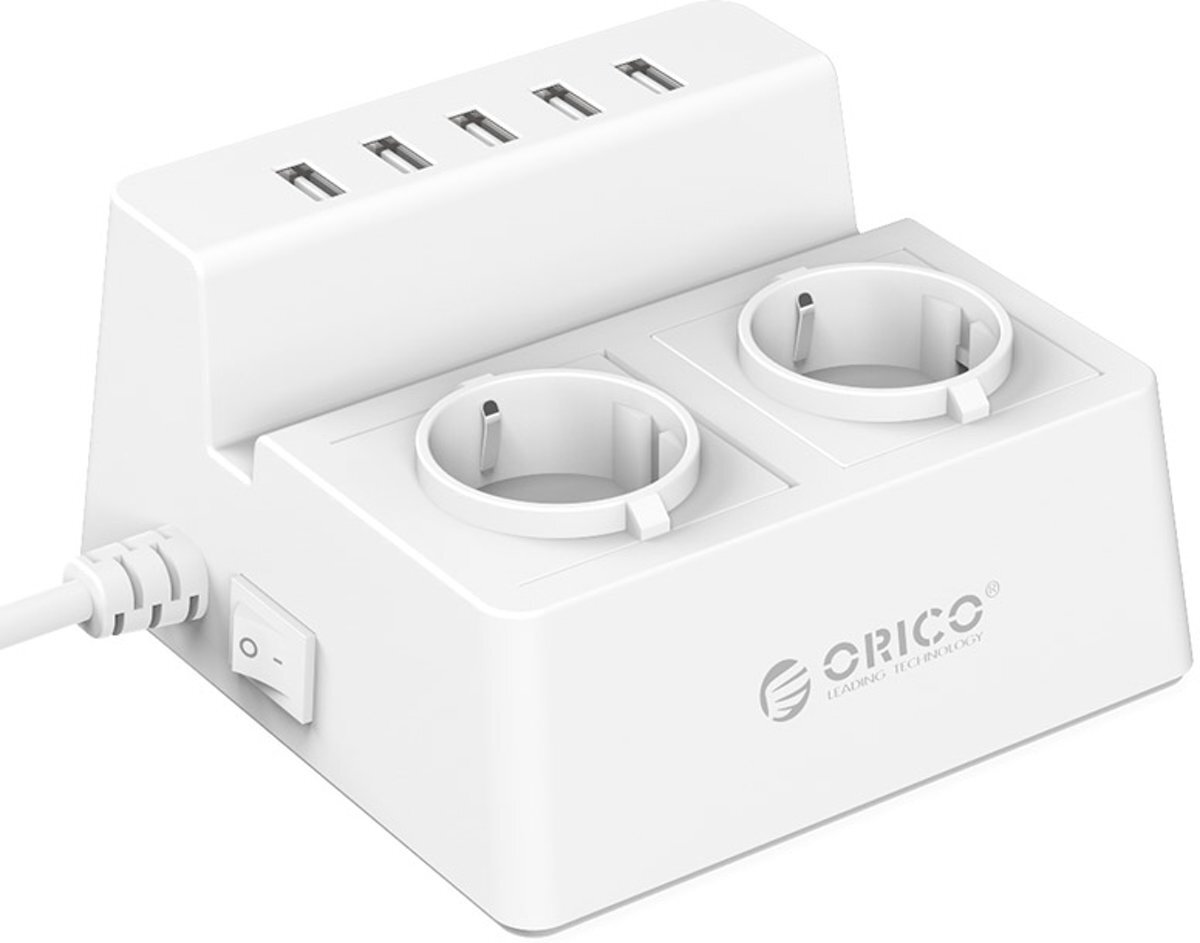 Orico - Stekkerdoos met 2 Stopcontacten en 5 USB-Laadpoorten - Tablet/Smartphone Standaard - 2500W - Incl. aan/uit schakelaar en overspanningsbeveiliging - Wit