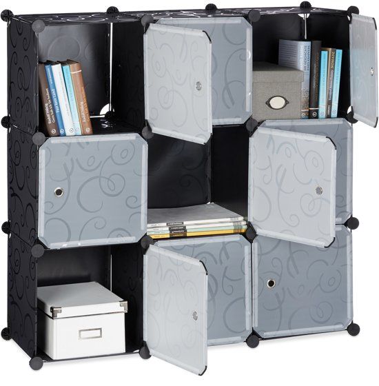 Relaxdays Vakkenkast met deuren - Zwart - boekenkast 9 vakken - roomdivider kunststof - open kast