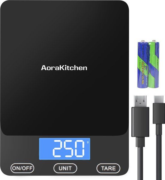 AoraKitchen Keukenweegschaal Digitaal - USB Oplaadbaar - 1g tot 15kg - Digitale Precisie Weegschaal - Tarra