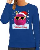 Bellatio Decorations Foute kersttrui - sweater - blauw - Chirstmas party - roze coole kerstbal - voor dames - kerstkleding / christmas outfit S