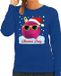 Bellatio Decorations Foute kersttrui - sweater - blauw - Chirstmas party - roze coole kerstbal - voor dames - kerstkleding / christmas outfit S