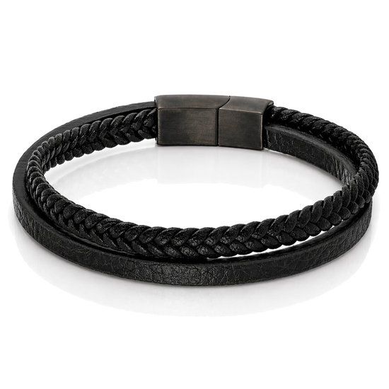 Mendes Minimalistische Heren Armband van Leer - 2 Strengen, Zwart-19cm