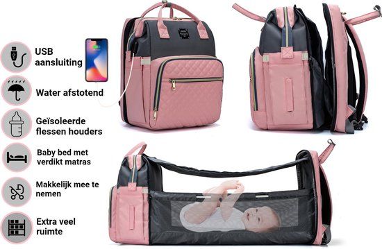 UkkieBoo Multifunctionele luiertas 3-in-1 - Grijs/Roze - Met verschoonmatje