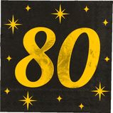 Paperdreams Verjaardag feest servetten - leeftijd 80 jaar - 16x stuks - zwart/goud - sterren - 33 x 33 cm