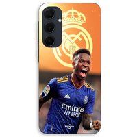 Maniacase Coque Pour Samsung galaxy A55 Vini JR Wallpaper Real Madrid Bleu et jaune