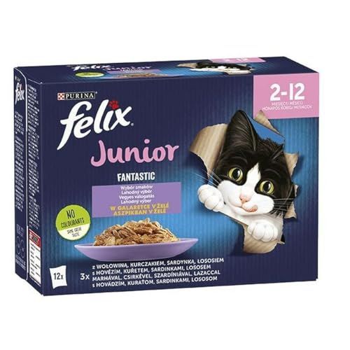 Purina Felix Fantastic Jellied Kittenvoer Rund, Kip, Zalm, Sardine - 12x 85 g