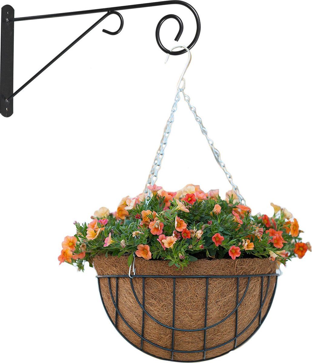 Bellatio Decorations Hanging basket met muurhaak sierkrul grijs en kokos inlegvel - metaal - complete hanging basket set
