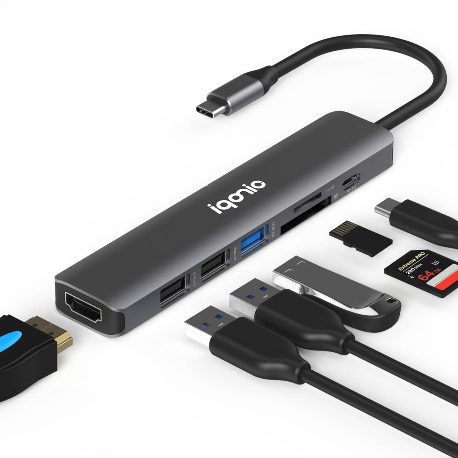 iqonic® Iqonic 7 in 1 USB C Hub - Docking Station - 4K HDMI - USB Splitter - DisplayPort - USB A - SD-kaart/Micro SD-lezer - Geschikt voor Laptop, Macbook, Windows