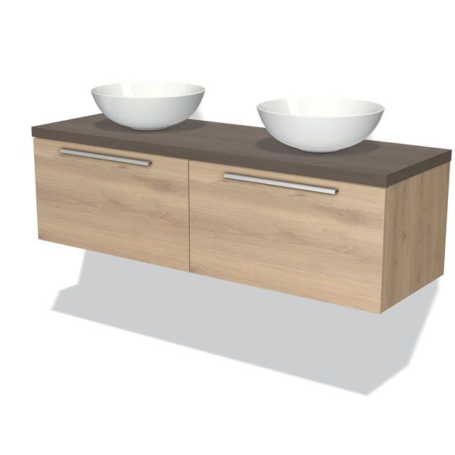 Maxaro Badkamermeubel voor Waskom 140cm Modulo Plato Lichtbruin Eiken 2 Lades Vlak Donkerbruin Eiken Blad