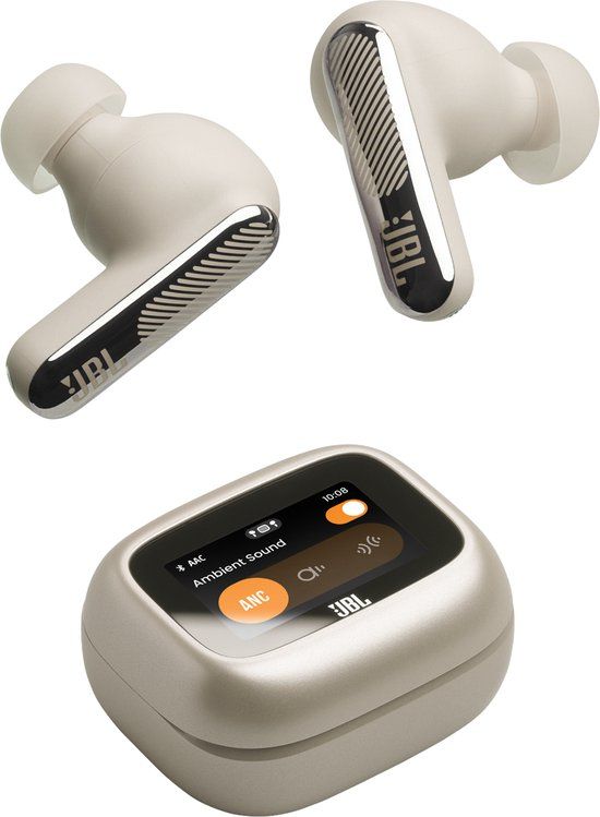JBL Live Beam 4 – Draadloze Oordopjes met Noise Cancelling – Smart Case met Touchscreen - True Wireless Bluetooth – 48 uur – Waterdicht – IP55 - Champagne/Beige