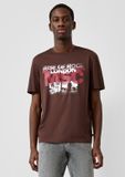 QS s.Oliver QS T-Shirt Heren Maat S Donkerbruin Katoen Korte Mouw Ronde Hals Aansluitend Printopdruk
