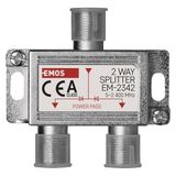 EMOS 2-weg antenneverdeler A-klasse - 2-voudige splitter met F-aansluiting - volledig afgeschermd 3,7 dB - frequentie 5-2400 MHz - 1 ingang / 2 uitgangen - tv-antennes tv-verdeler met DC-doorlaat