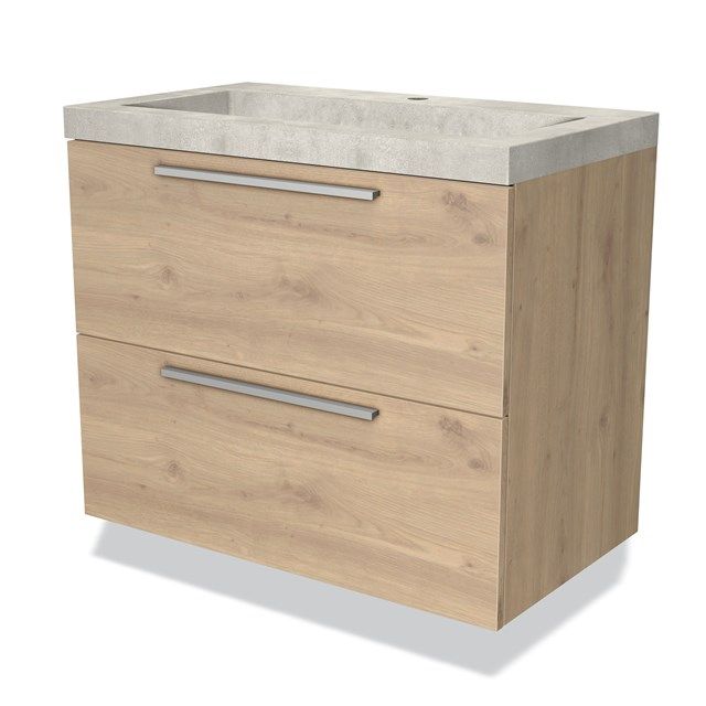 Maxaro Badkamermeubel 80cm Modulo Lichtbruin Eiken 2 Lades Vlak Wastafel Beton Greige