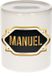 Bellatio Decorations Shoppartners Bv Spaarpot met voornaam Manuel - wit - met goud/zwart embleem - 8 x 9 cm - keramiek - met afsluitdop - cadeau verjaardag