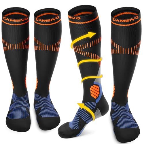 CAMBIVO Compressiekousen voor Dames en Heren 2 Paar, Kousen met Graduele Compressie 15-20 mmHg, Elastische Compressiesokken tegen Trombose, Lange Sokken voor Spataderen en Sport