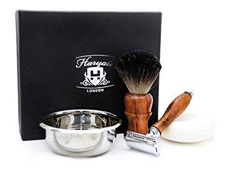 Haryali London 4-delige houten scheerset voor heren - Zwart dassenhaar borstel, DE veiligheid scheermes, roestvrij stalen kom en zeep - Perfect cadeau