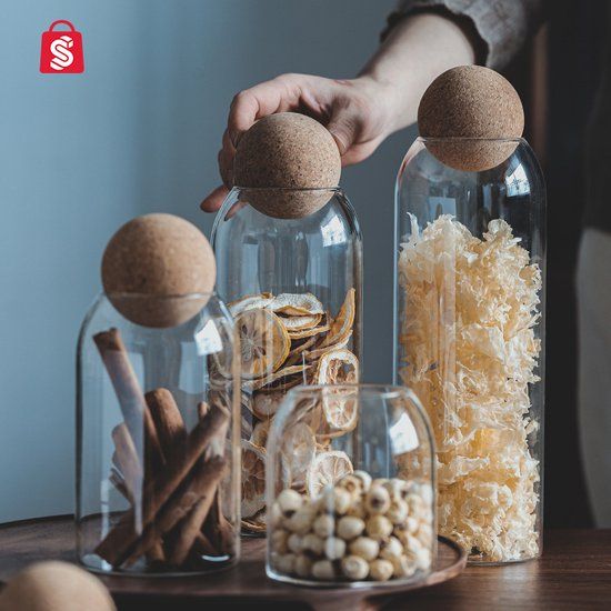 TheStudentShop - 3x 800ml Glass Storage Jar with Cork Lid - Bamboo & Glass - BPA Free