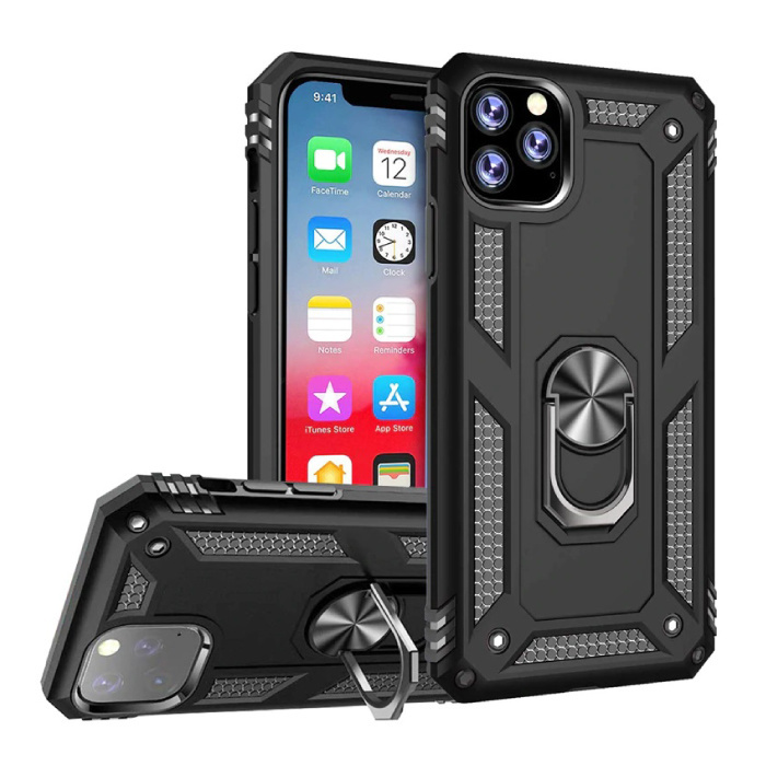 R-JUST iPhone 11 Pro Hoesje - Shockproof Case Cover Cas TPU Zwart + Kickstand