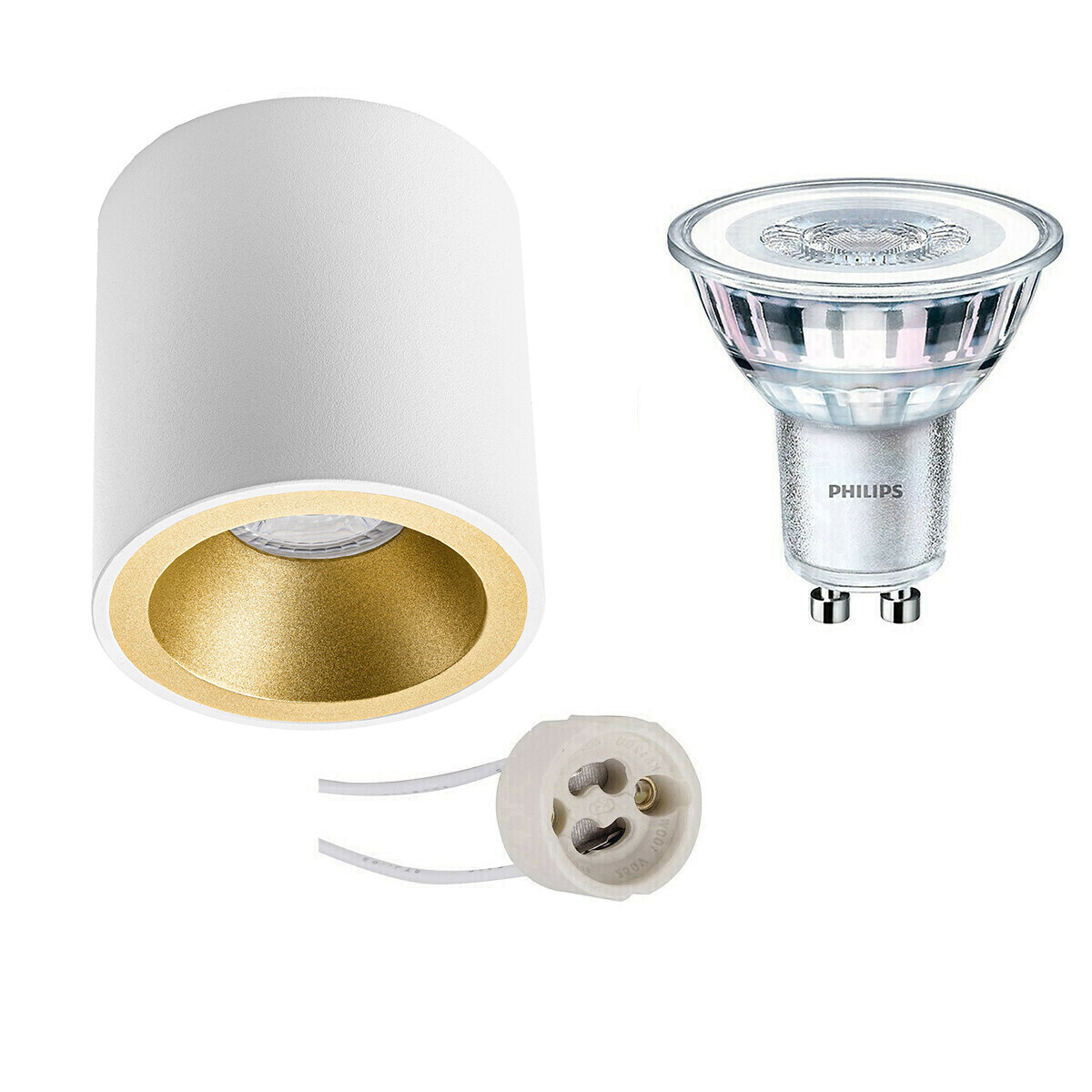 BES LED Opbouwspot Set - Pragmi Cliron Pro - GU10 Fitting - Opbouw Rond - Mat Wit/Goud - Verdiept - Ø90mm - Philips - CorePro 830 36D - 5W - Warm Wit 3000K - Dimbaar