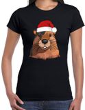 Bellatio Decorations Kerst T-shirt voor dames - Bever met kerstmuts - Zwart - XL