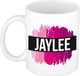 Bellatio Decorations Jaylee naam cadeau koffie mok - beker - met roze verfstrepen - Cadeau collega - moederdag - verjaardag - juf - coach - 300 ml - wit