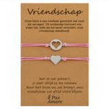 Pax Amare Vriendschapsarmbandjes voor 2 "Vriendschap" - Hartjes - BFF Armbandjes met Cadeau Kaartje - Zilverkleurig & Roze - Elastisch Verstelbaar