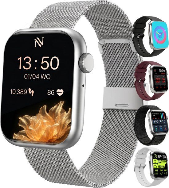Nuvance Smartwatch Dames - Stappenteller Horloge Dames - Hartslagmeter Horloge - Geschikt voor iOS/Android - Incl. 5 Bandjes - Zilver